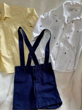 Janie and Jack Navy Suspender Shorts with Yellow & White Linen Shirts 4t